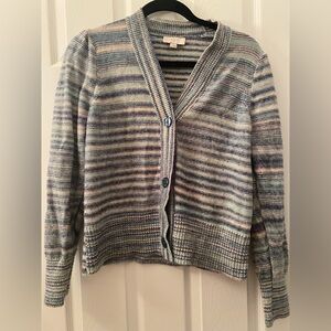 Loft Pastel Blue Multicolor Striped Puff Sleeve Cardigan Sweater